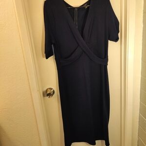 Ann Taylor  Navy Short Sleeve Dress V-Neck with Criss Cross Front Midi Size 12